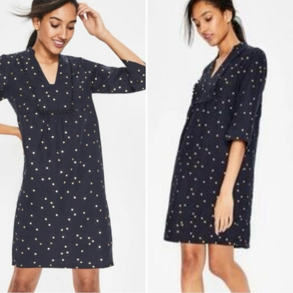 Boden Size 10L Evangeline Navy Blue & Gold
Metallic Polka Dots Linen Tunic Dress